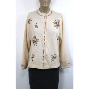 Vintage 60s Floral Embroidered Mod Flower Ivory Wool Cardigan Sweater SF 44
